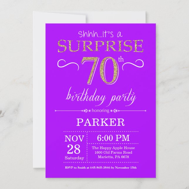 Invitación sorpresa de cumpleaños 70 años púrpura  (Anverso)