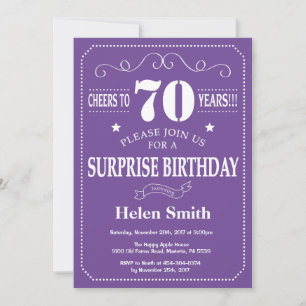 Invitación sorpresa de cumpleaños 70 años púrpura 
