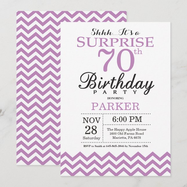 Invitación sorpresa de cumpleaños 70 en Chevron pú (Anverso / Reverso)