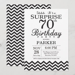 Invitación sorpresa de cumpleaños 70 negro Chevron