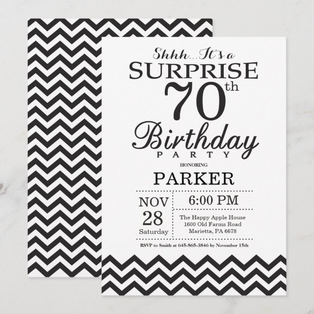 Invitación sorpresa de cumpleaños 70 negro Chevron (Anverso / Reverso)