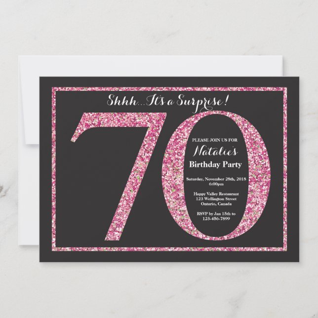 Invitación sorpresa de cumpleaños 70 rosa con purp (Anverso)