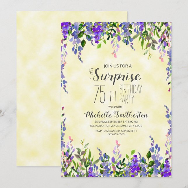 Invitación Sorpresa de cumpleaños 75 con acuarela lavanda y a (Anverso / Reverso)