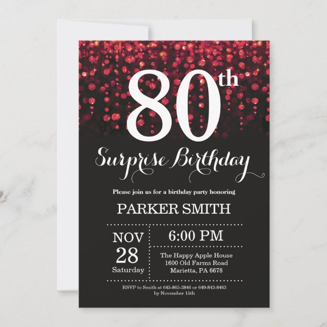 Invitación sorpresa de cumpleaños 80 con purpurina (Anverso)