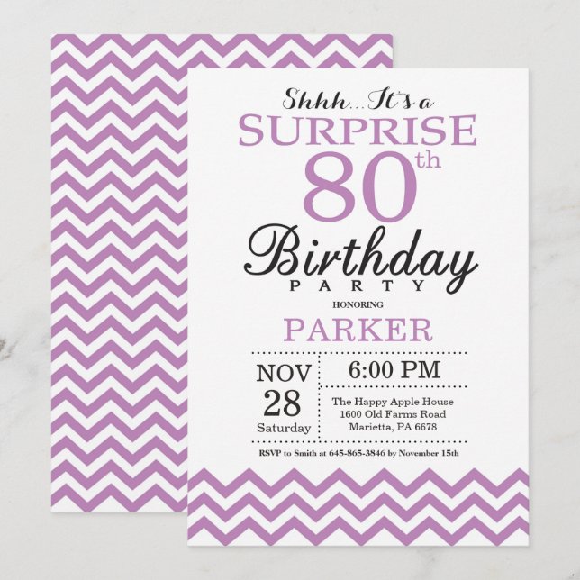 Invitación sorpresa de cumpleaños 80 en Chevron pú (Anverso / Reverso)