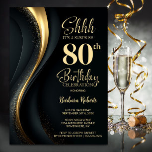 Invitación Sorpresa de cumpleaños 80 en negro y dorado