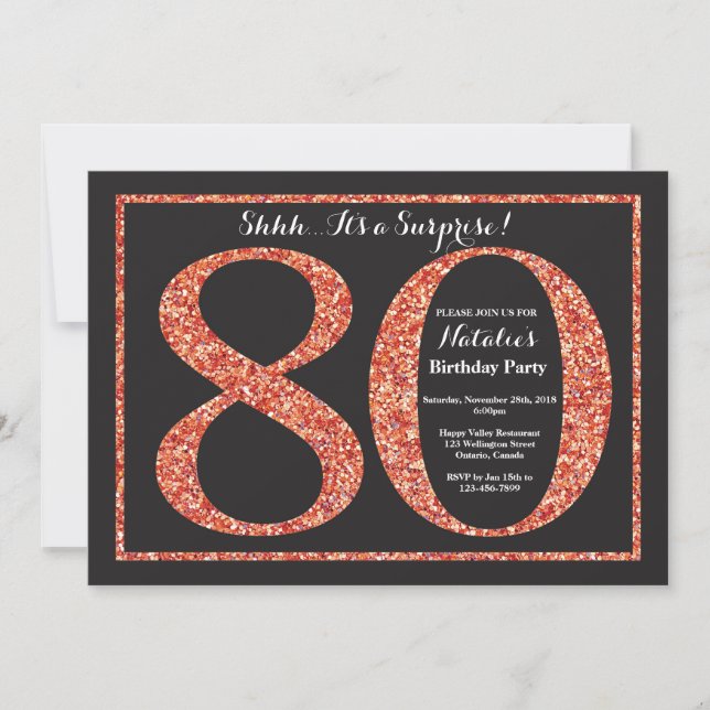 Invitación sorpresa de cumpleaños 80 en purpurina  (Anverso)