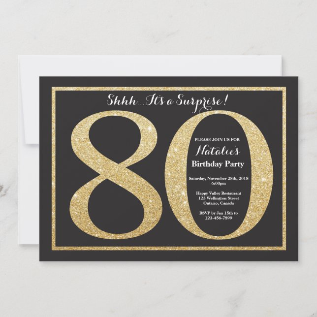 Invitación sorpresa de cumpleaños 80 Glitter dorad (Anverso)