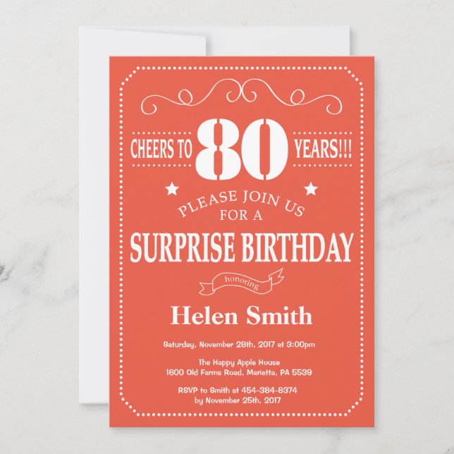 Invitación sorpresa de cumpleaños 80 naranja y bla (Anverso)