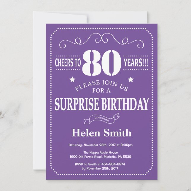 Invitación sorpresa de cumpleaños 80 Purple y blan (Anverso)