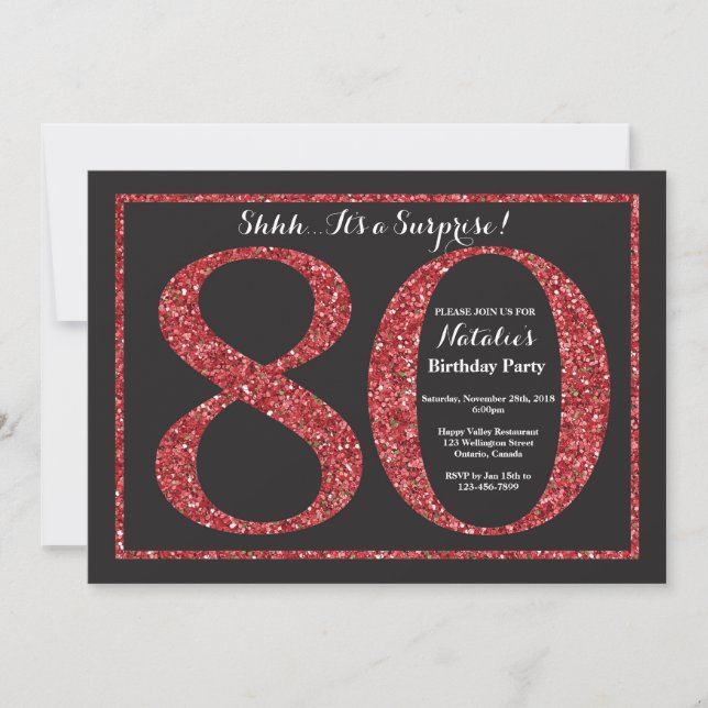 Invitación sorpresa de cumpleaños 80 rojo con purp (Anverso)