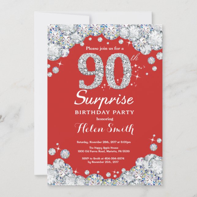 Invitación sorpresa de cumpleaños 90 años plata di (Anverso)