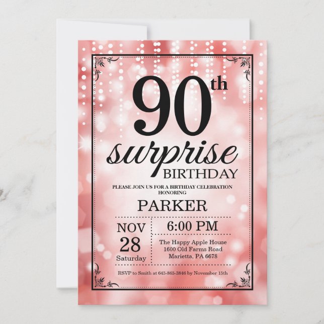 Invitación sorpresa de cumpleaños 90 con brillo ro (Anverso)