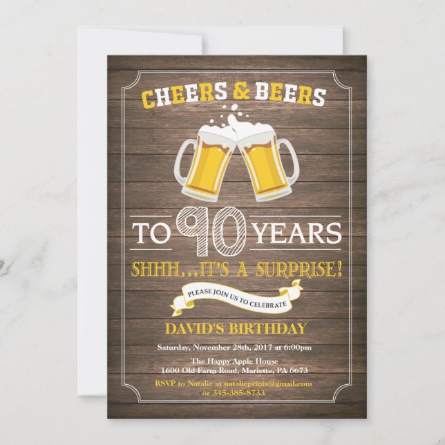 Invitación sorpresa de cumpleaños 90 con cerveza r (Anverso)