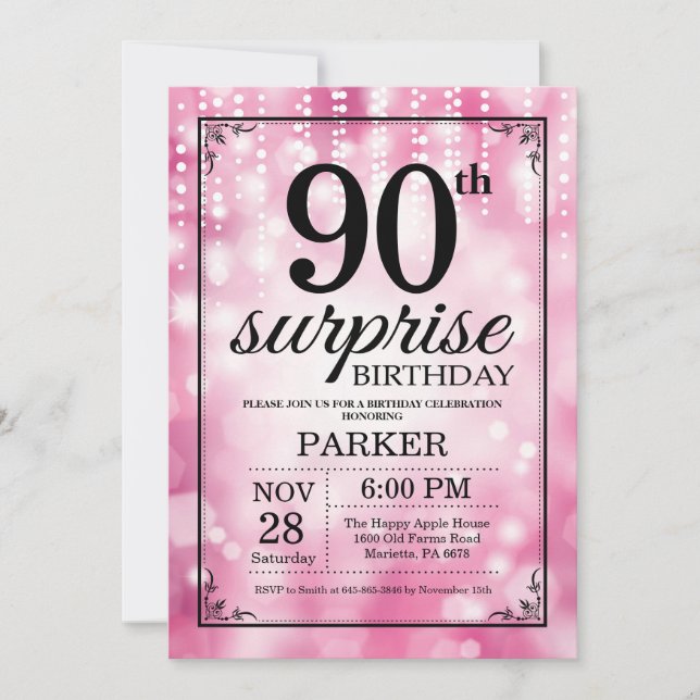 Invitación sorpresa de cumpleaños 90 con purpurina (Anverso)