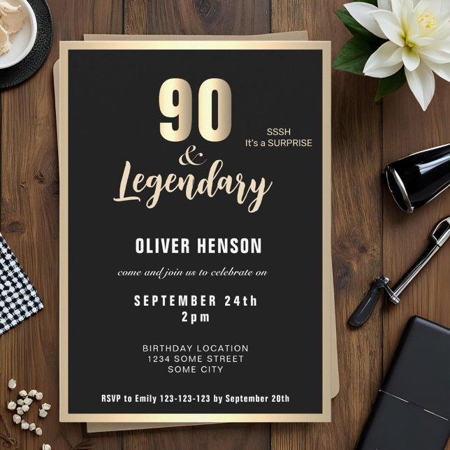 Invitación Sorpresa de cumpleaños 90 moderno metálico dorado (Subido por el creador)