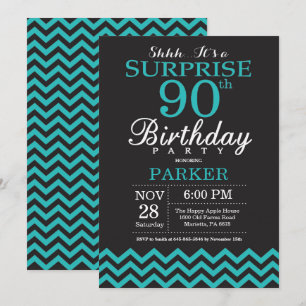 Invitación sorpresa de cumpleaños 90 negro y teal