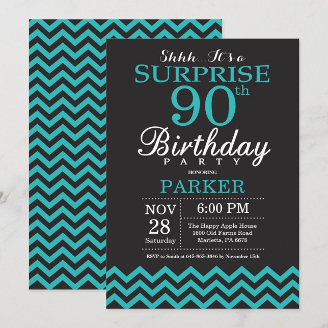 Invitación sorpresa de cumpleaños 90 negro y teal (Anverso / Reverso)
