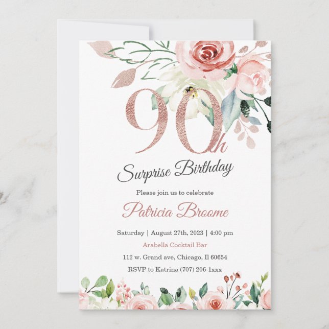 Invitación Sorpresa de cumpleaños 90 para mujeres (Anverso)