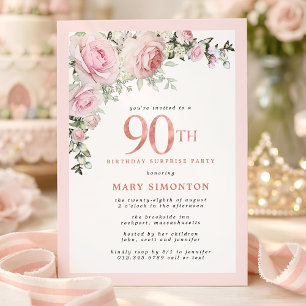 Invitación Sorpresa de cumpleaños 90 pastel floral rosa pálid