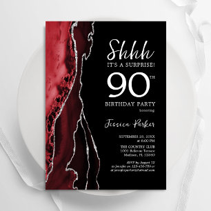 Invitación Sorpresa de cumpleaños 90 Rojo Negro Plata Ágata
