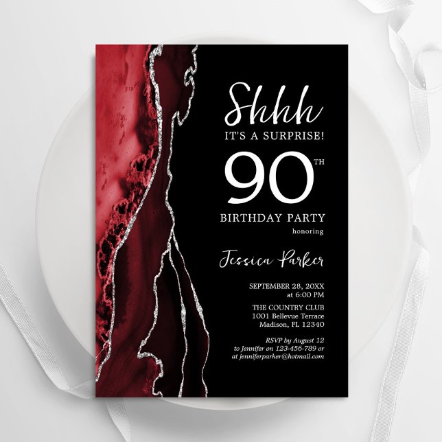 Invitación Sorpresa de cumpleaños 90 Rojo Negro Plata Ágata (Subido por el creador)