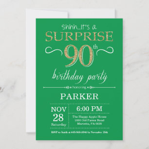 Invitación sorpresa de cumpleaños 90 verde y dorad