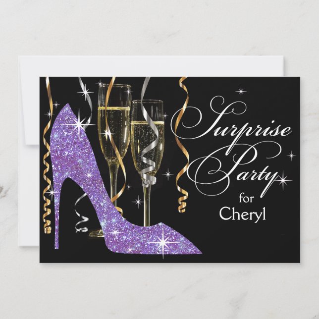 Invitación Sorpresa de cumpleaños Champagne Stiletto Brillant (Anverso)