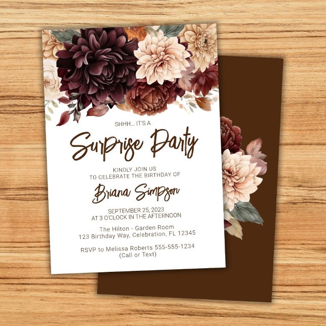 Invitación Sorpresa de cumpleaños con flores beige marrones (Subido por el creador)