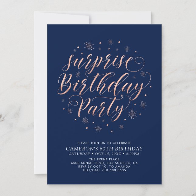 Invitación Sorpresa de cumpleaños con foto de fiesta de oro r (Anverso)