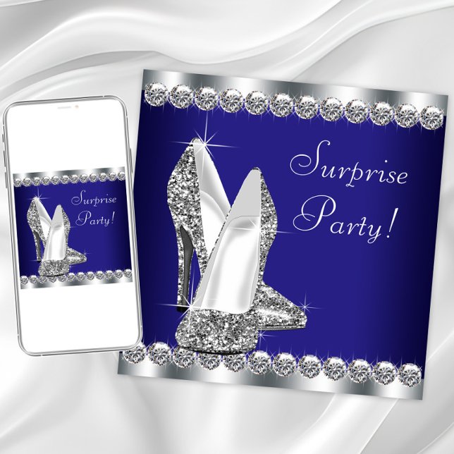 Invitación Sorpresa de cumpleaños de mujer en azul real (Royal blue silver shoe any event invitation. Instant download and printed invitations available.)