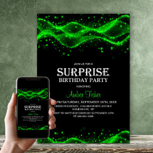 Invitación Sorpresa de cumpleaños de negro y verde para cualq
