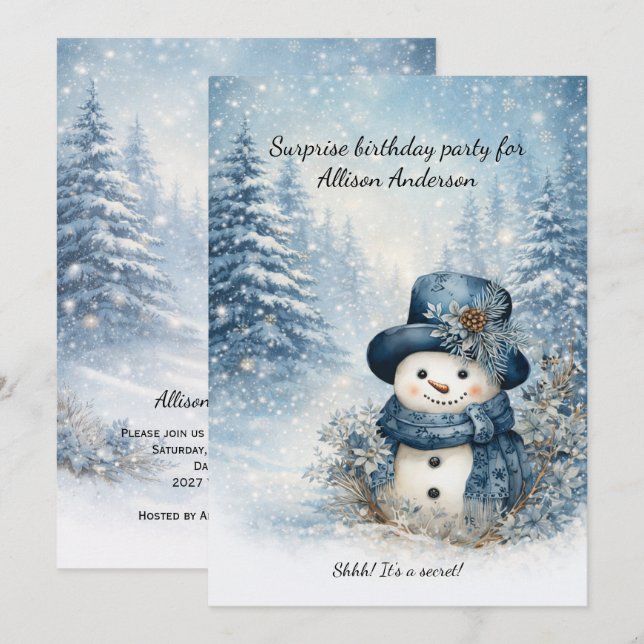 Invitación Sorpresa de cumpleaños del muñeco de nieve azul | (Anverso / Reverso)