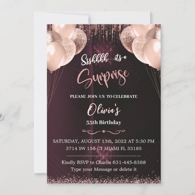 Invitación sorpresa de cumpleaños en rosa oro para (Anverso)