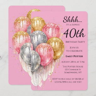 Invitación Sorpresa de cumpleaños en rosa, plateado y dorado