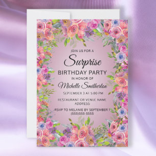 Invitación Sorpresa de cumpleaños floral de acuarela rosa púr