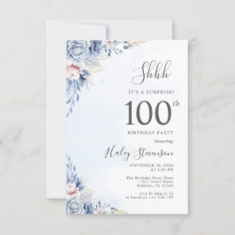 Invitación Sorpresa de cumpleaños número 100 acuarela azul po