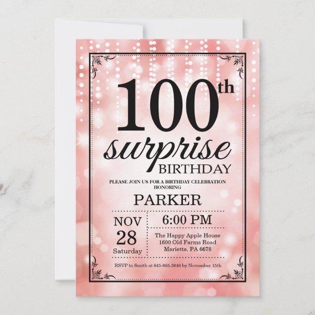 Invitación sorpresa de cumpleaños número 100 con b (Anverso)