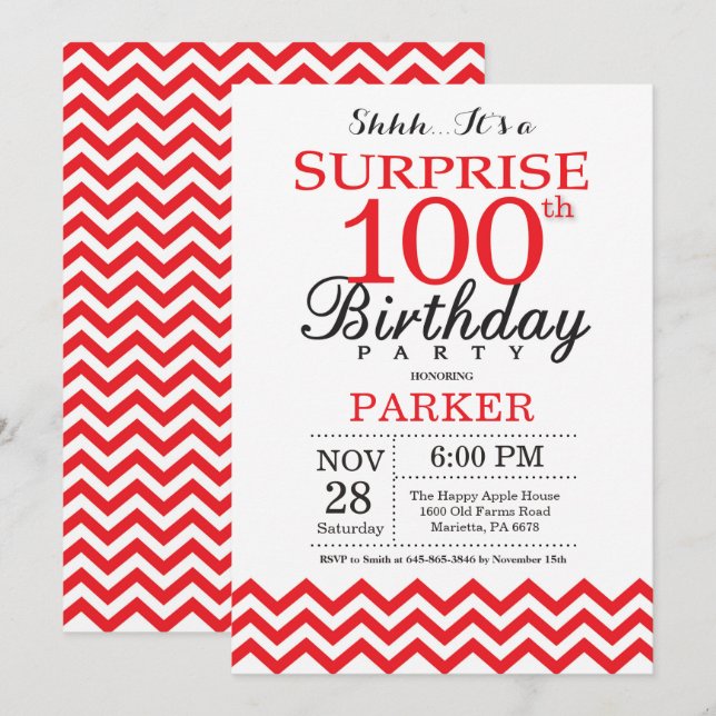 Invitación sorpresa de cumpleaños número 100 con C (Anverso / Reverso)