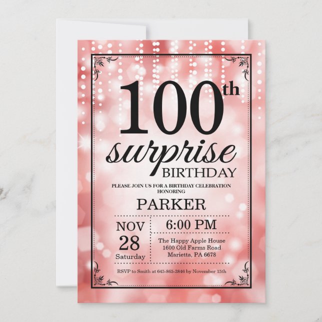 Invitación sorpresa de cumpleaños número 100 con p (Anverso)