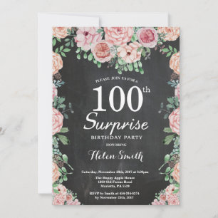 Invitación Sorpresa de cumpleaños número 100 con peonías rosa