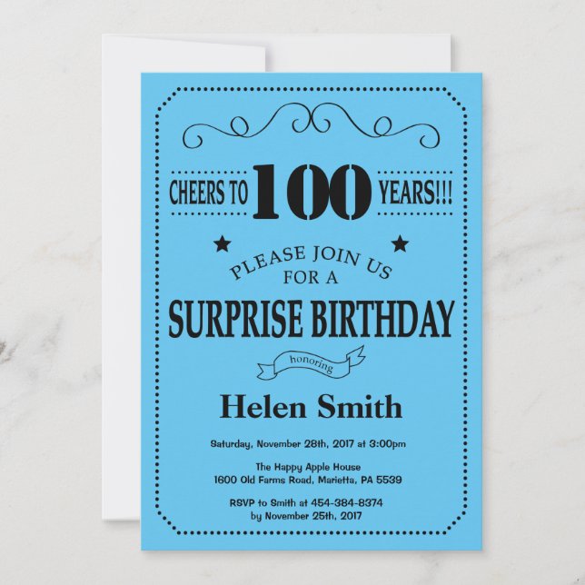 Invitación sorpresa de cumpleaños número 100 negro (Anverso)