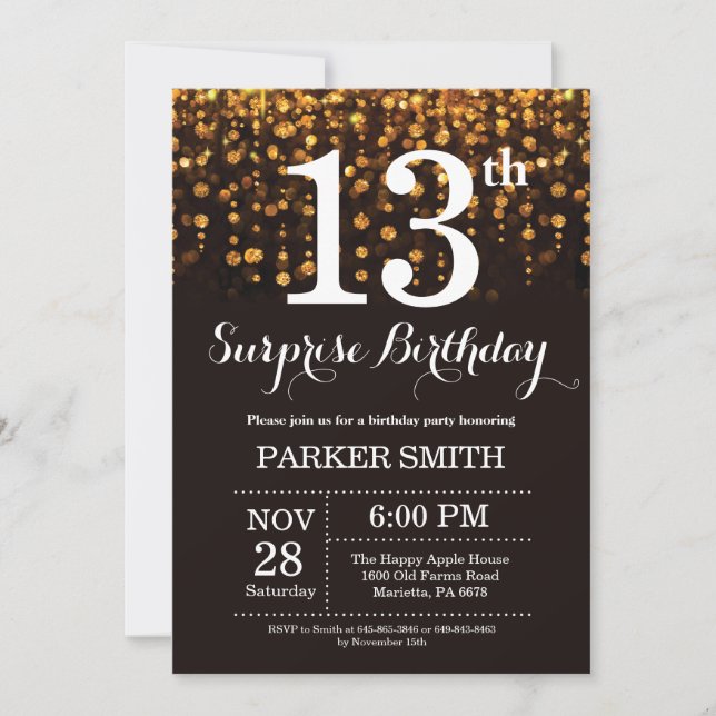 Invitación sorpresa de cumpleaños número 13 con br (Anverso)