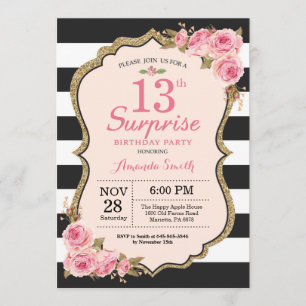 Invitación Sorpresa de cumpleaños número 13 con peonías rosad
