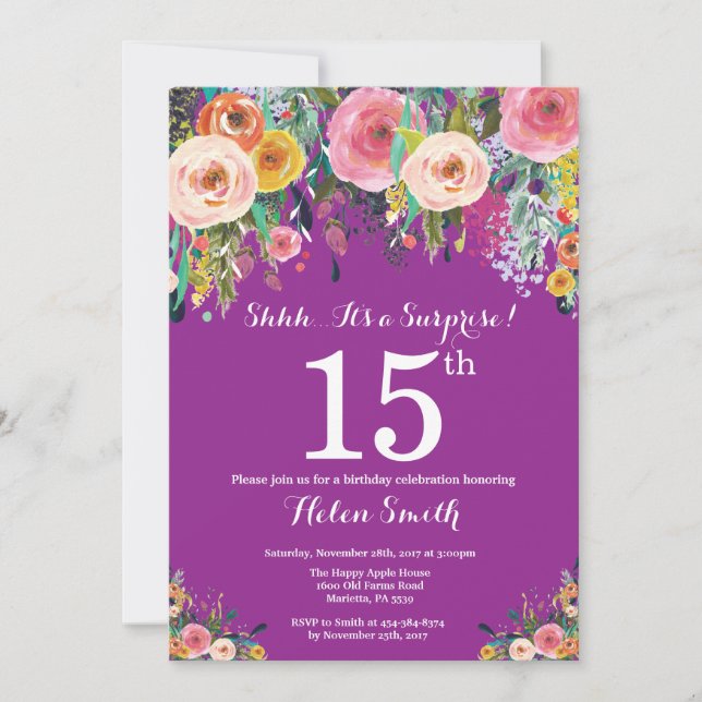 Invitación sorpresa de cumpleaños número 15 con fl (Anverso)
