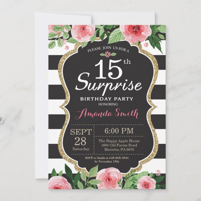 Invitación sorpresa de cumpleaños número 15 para m (Anverso)