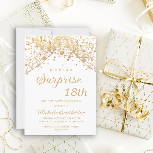 Invitación Sorpresa de cumpleaños número 18 de oro blanco con (Subido por el creador)
