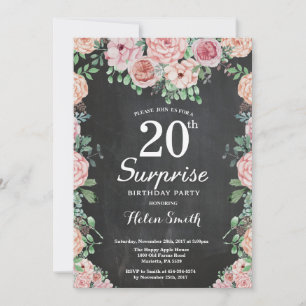 Invitación Sorpresa de cumpleaños número 20 con peonías rosad