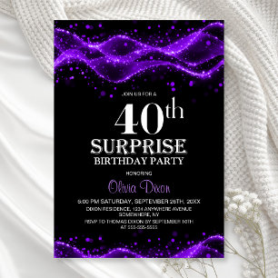 Invitación Sorpresa de cumpleaños número 40 de negro y morado