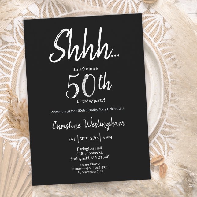 Invitación Sorpresa de cumpleaños número 50 Chic Negro Blanco (Subido por el creador)